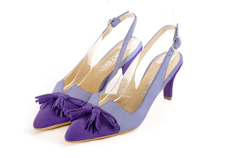 Violet purple women's open back shoes, with a knot. Tapered toe. Medium slim heel. Front view - Florence KOOIJMAN